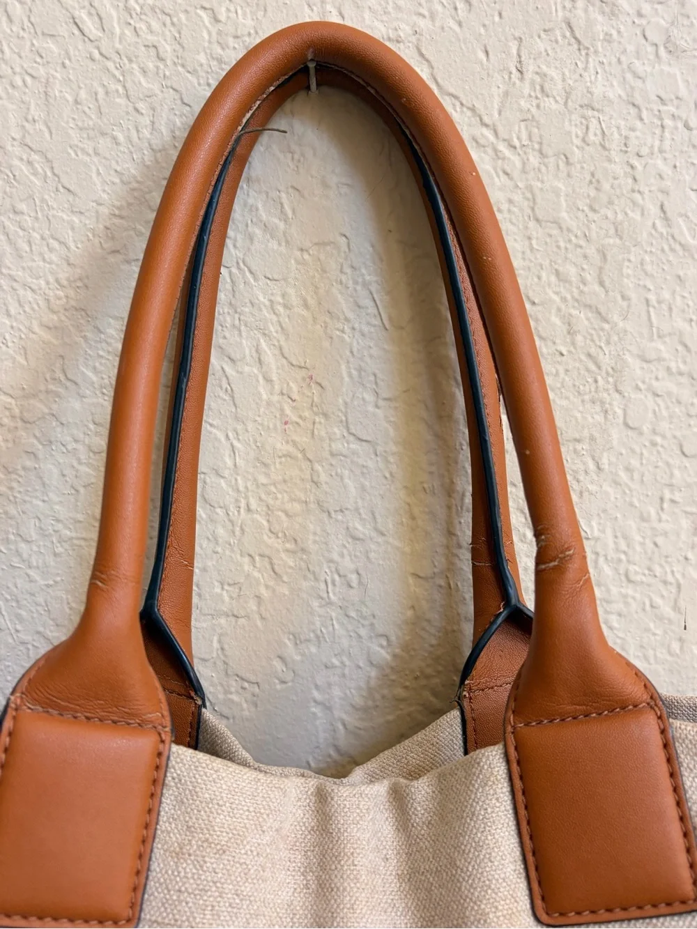 Tory Burch Beige Canvas Tote with Brown Leather Trim and Embroidered Medallion